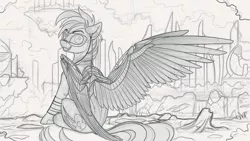 Size: 2200x1238 | Tagged: safe, artist:yakovlev-vad, derpibooru import, rainbow dash, pegasus, pony, amputee, artificial wings, augmented, deus ex, goggles, grin, looking back, mechanical wing, monochrome, prosthetic limb, prosthetic wing, prosthetics, sitting, sketch, smiling, solo, spread wings, wings