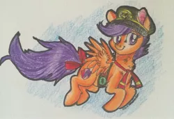 Size: 2348x1609 | Tagged: 28 pranks later, artist:snowfoxythefox, badge, clothes, colored, colored pencil drawing, colored sketch, cute, cutealoo, cutie mark, derpibooru import, filly, filly scouts, hat, jumping, pencil, pencil drawing, ribbon, safe, sash, scootaloo, scootalove, simple background, small wings, smiling, solo, tail bow, the cmc's cutie marks, traditional art, uniform