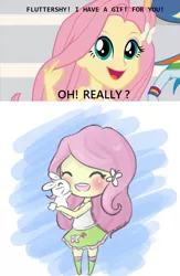 Size: 799x1229 | Tagged: safe, artist:theuntouchedmilk, derpibooru import, angel bunny, fluttershy, equestria girls, blushing, chibi, cute, daaaaaaaaaaaw, eyes closed, flutterlove, good end, happy, hug, open mouth, shyabetes, smiling, subversion, subverted meme