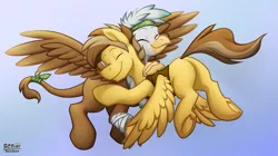 Size: 979x550 | Tagged: safe, artist:bcpony, derpibooru import, oc, oc:charlene, unofficial characters only, gryphon, duo, eyes closed, hug