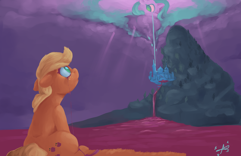 Size: 5950x3850 | Tagged: safe, artist:aquaticsun, derpibooru import, applejack, rarity, pony, absurd resolution, canterlot, crying, fanfic art, female, lesbian, looking up, mare, missing accessory, ocean, rarijack, scenery, shipping