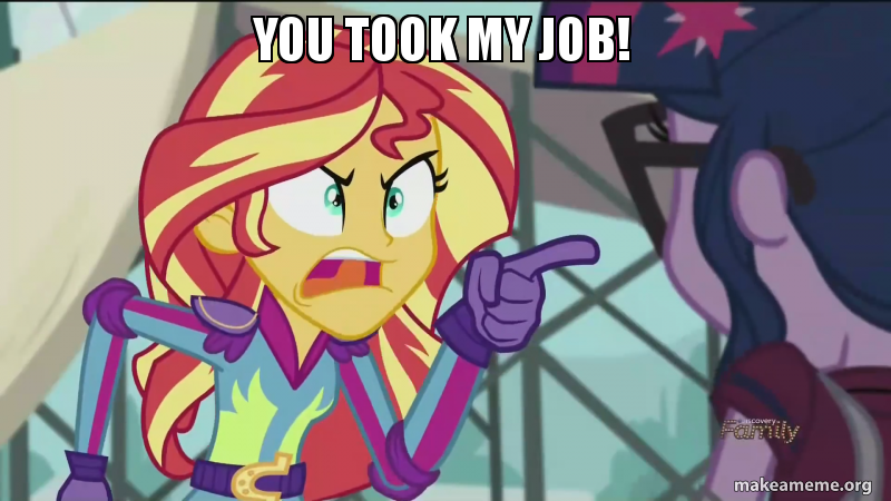 Size: 800x450 | Tagged: safe, derpibooru import, edit, edited screencap, screencap, sci-twi, sunset shimmer, twilight sparkle, equestria girls, friendship games, caption, image macro, meme, south park, sunset yells at twilight, they took our jobs