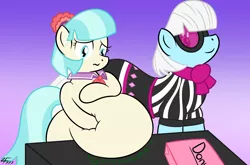 Size: 2840x1877 | Tagged: artist:zeldafan777, belly, big belly, coco pommel, coco pudge, derpibooru import, fanfic, fanfic:a little cream for a lotta coco, fanfic art, fat, gut rest, photo finish, safe, stomach noise