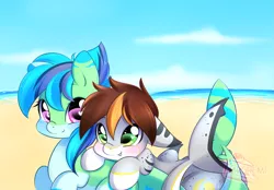 Size: 2015x1406 | Tagged: safe, artist:mrsremi, derpibooru import, oc, oc:guppy gills, oc:lekrius, unofficial characters only, original species, shark pony, beach, duo