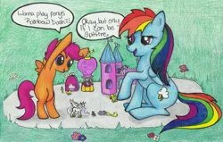 Size: 5789x3675 | Tagged: artist:dustyrose3, balloon, castle, colored pencil drawing, derpibooru import, figure, hot air balloon, playing, ponies playing with ponies, princess celestia, rainbow dash, rarity, roleplaying, safe, scootaloo, scootalove, speech bubble, spitfire, toy, traditional art, twinkling balloon