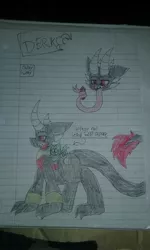 Size: 1536x2560 | Tagged: safe, artist:chillywilly, derpibooru import, oc, oc:chilly willy, oc:derk, unofficial characters only, dragon, pony, duo, gem, lined paper, photo, size difference, traditional art