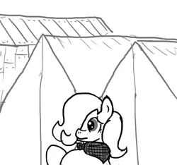 Size: 640x600 | Tagged: semi-grimdark, artist:ficficponyfic, derpibooru import, oc, oc:emerald jewel, unofficial characters only, earth pony, pony, colt quest, bandana, camp, child, colt, foal, hair over one eye, looking away, male, monochrome, searching, solo, story included, tent, worried