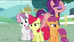 Size: 1280x720 | Tagged: safe, derpibooru import, screencap, apple bloom, scootaloo, spoiled rich, sweetie belle, pony, crusaders of the lost mark, angry, cutie mark crusaders, excuse me, insulted, open mouth, raised eyebrow, raised hoof, snobby, upset