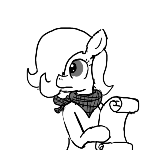 Size: 640x600 | Tagged: semi-grimdark, artist:ficficponyfic, derpibooru import, oc, oc:emerald jewel, earth pony, pony, colt quest, bandana, child, colt, foal, hair over one eye, letter, male, monochrome, solo, story included, worried, writing