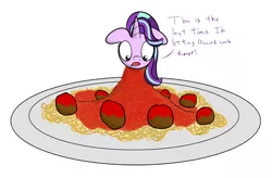 Size: 1216x800 | Tagged: artist:mightyshockwave, cooking vore, derpibooru import, floppy ears, food, foodplay, horse meat, meat, meatballs, pasta, pony as food, safe, solo, spaghetti, starlight glimmer, tied up