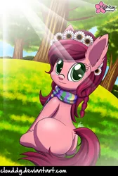 Size: 536x800 | Tagged: safe, artist:clouddg, derpibooru import, gloriosa daisy, ponified, equestria girls, legend of everfree, clothes, cute, daisybetes, ear fluff, equestria girls ponified, flower, flower in hair, looking at you, plot, scarf, sitting, smiling, solo