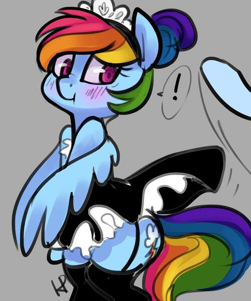 Size: 1280x1536 | Tagged: 30 minute art challenge, artist:kinkypinkie, blushing, clothes, derpibooru import, exclamation point, female, female focus, maid, offscreen character, rainbow dash, scrunchy face, skirt flip, solo focus, suggestive