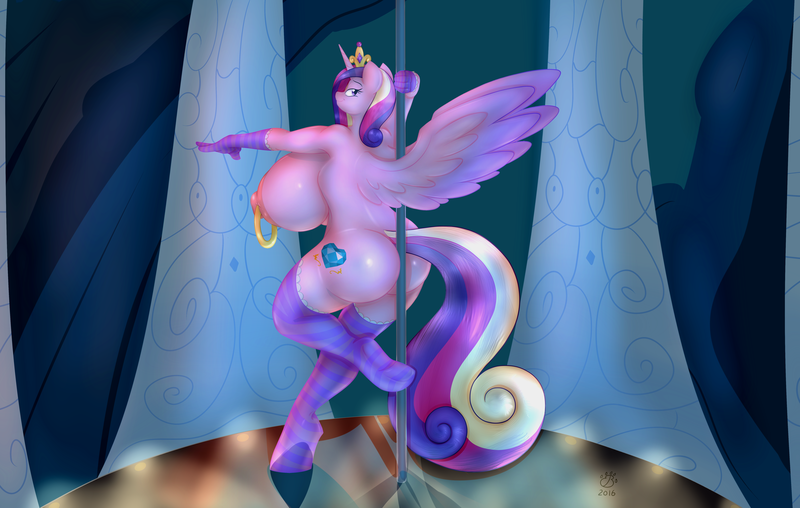 Size: 6300x4000 | Tagged: questionable, artist:badgerben, artist:blues64, color edit, derpibooru import, edit, princess cadance, anthro, unguligrade anthro, 2016, absurd resolution, ass, big breasts, breasts, busty princess cadance, clopfic in description, clothes, colored, crown, dancing, female, gloves, huge breasts, impossibly large breasts, jewelry, lovebutt, nipple piercing, nipples, nudity, piercing, pole dancing, regalia, socks, solo, solo female, stockings, story included, striped socks, stripper pole