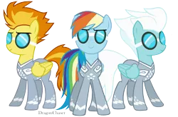 Size: 1520x1000 | Tagged: safe, artist:dragonchaser123, derpibooru import, fleetfoot, rainbow dash, spitfire, rainbow falls, goggles, racing suit, simple background, transparent background, vector