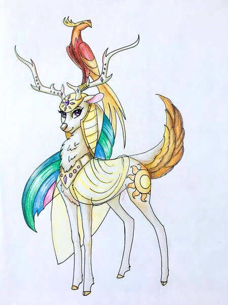Size: 1200x1600 | Tagged: antlers, artist:dragonademetal, cape, chest fluff, clothes, cloven hooves, deer, deerified, derpibooru import, doe, eyeshadow, fluffy, lidded eyes, looking at you, makeup, philomena, phoenix, princess celestia, pun, safe, see-through, simple background, smiling, species swap, traditional art, white background