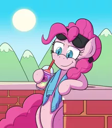 Size: 1681x1920 | Tagged: safe, artist:zanefir-dran, derpibooru import, pinkie pie, pony, 7-eleven, bipedal, bipedal leaning, mountain, newbie artist training grounds, slurpee, solo, sunglasses, sweat, towel, wall