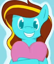 Size: 752x900 | Tagged: artist:tyrannisumbra, cute, derpibooru import, heart, heart pillow, misleading thumbnail, oc, oc:ilovekimpossiblealot, pillow, safe, simple background, smiling, solo, unofficial characters only