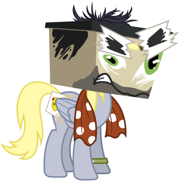 Size: 3000x3027 | Tagged: artist:pirill, cardboard box, clothes, cosplay, costume, derpibooru import, derpy hooves, doctor caballeron, doctor cardboarderon, fake cutie mark, safe, scarf, simple background, solo, stranger than fan fiction, transparent background, vector