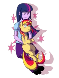 Size: 1449x1902 | Tagged: safe, artist:toasterwitch, derpibooru import, sunset shimmer, twilight sparkle, twilight sparkle (alicorn), pony, equestria girls, blushing, cute, holding a pony, missing cutie mark, shimmerbetes, twiabetes, unamused