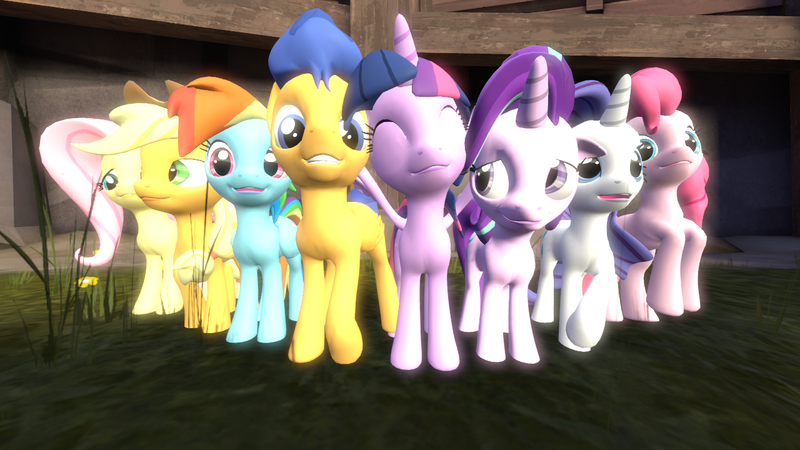 Size: 1280x720 | Tagged: safe, artist:flash-sentry, derpibooru import, applejack, flash sentry, fluttershy, pinkie pie, rainbow dash, rarity, starlight glimmer, twilight sparkle, twilight sparkle (alicorn), alicorn, pony, 3d, mane six, source filmmaker