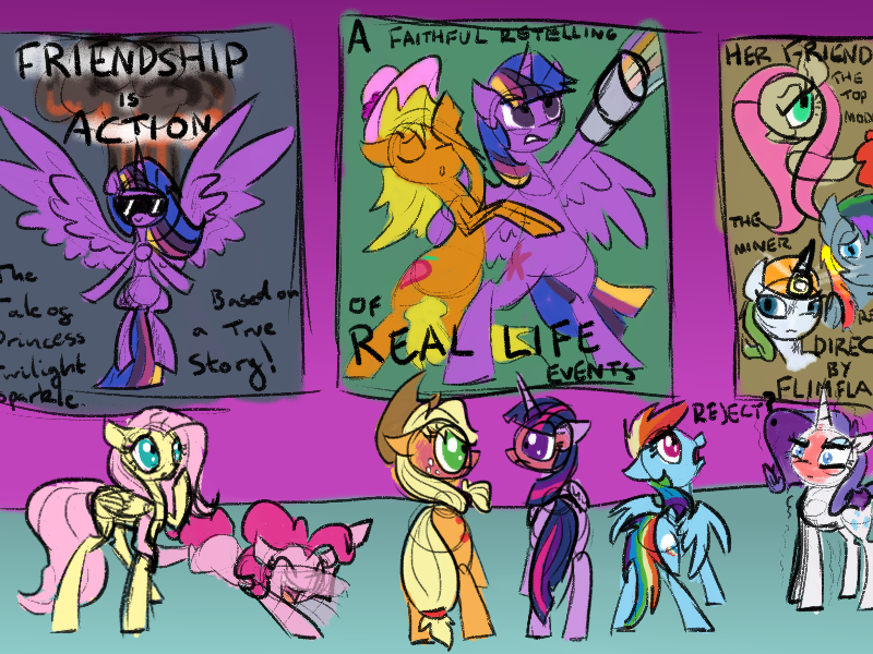 Size: 800x600 | Tagged: safe, artist:sallindaemon, derpibooru import, applejack, fluttershy, pinkie pie, rainbow dash, rarity, twilight sparkle, twilight sparkle (alicorn), oc, alicorn, pony, blushing, explosion, implied twijack, laughing, mane six, movie poster, newbie artist training grounds, sunglasses