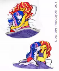 Size: 896x1079 | Tagged: safe, artist:therainbowmaiden, derpibooru import, sci-twi, sunset shimmer, twilight sparkle, equestria girls, legend of everfree, bed hair, belly button, blanket, clothes, cuddling, eyes closed, female, humanized, kiss on the cheek, kissing, lesbian, midriff, pillow, scitwishimmer, shipping, sleeping, snuggling, sunsetsparkle, tanktop, traditional art