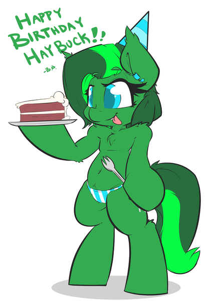 Size: 1345x1805 | Tagged: questionable, artist:bbsartboutique, derpibooru import, oc, oc:jade aurora, unofficial characters only, belly button, birthday, birthday cake, birthday gift, cake, checkered flag, clothes, derp, ear piercing, earring, female, food, gift art, hat, jewelry, panties, party hat, piercing, red velvet cake, solo, solo female, spork, striped underwear, tongue out, underwear