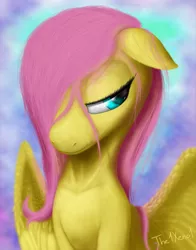 Size: 600x765 | Tagged: artist:the1xeno1, bust, colored pupils, derpibooru import, fluttershy, hair over one eye, lidded eyes, looking away, safe, solo, spread wings