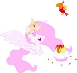 Size: 4598x4367 | Tagged: safe, artist:livehotsun, derpibooru import, philomena, princess celestia, alicorn, phoenix, pony, absurd resolution, baby, baby pony, diaper, duo, female, filly, filly celestia, foal, hatchling, phoenix chick, pink-mane celestia, simple background, spread wings, transparent background, vector, wings, younger