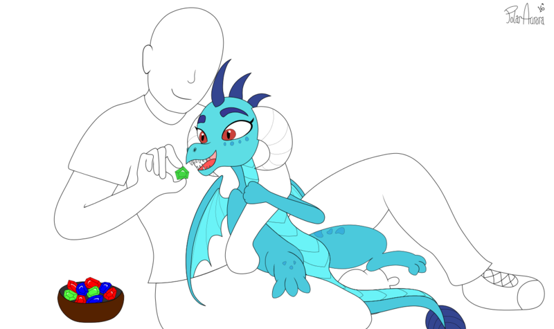 Size: 1331x790 | Tagged: artist:frikdikulous, artist:polar_aurora, cute, derpibooru import, dragon, eating, emberbetes, feeding, gem, human, human on dragon snuggling, monochrome, neo noir, oc, oc:anon, partial color, princess ember, safe, simple background, white background