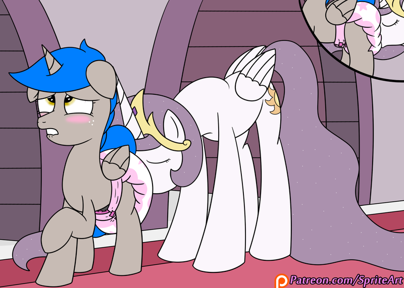 Size: 1400x1000 | Tagged: questionable, artist:spritepony, derpibooru import, princess celestia, oc, oc:sprite, alicorn, pony, princess molestia, alicorn oc, arousal, blushing, diaper, diaper fetish, poofy diaper, spread legs, spreading, taken by surprise