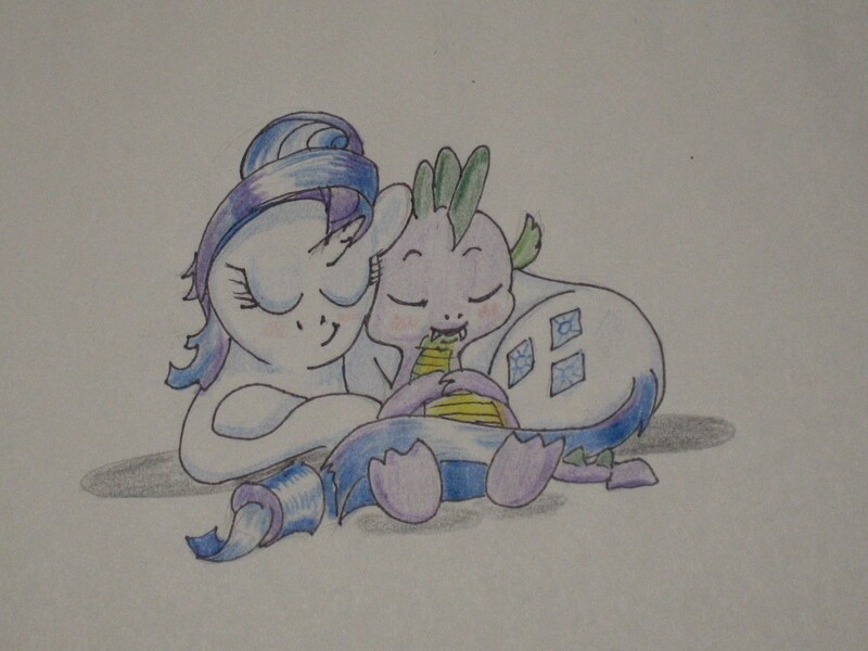 Size: 1120x840 | Tagged: safe, artist:hillbe, derpibooru import, rarity, spike, female, male, newbie artist training grounds, shipping, sleeping, snuggling, sparity, straight, traditional art