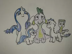 Size: 1600x1200 | Tagged: safe, artist:hillbe, derpibooru import, rarity, spike, oc, dracony, hybrid, female, interspecies offspring, male, offspring, parent:rarity, parent:spike, parents:sparity, shipping, sparity, straight, traditional art