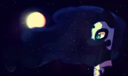 Size: 1024x614 | Tagged: safe, artist:mirtash, derpibooru import, nightmare moon, alicorn, pony, bust, chromatic aberration, female, jewelry, mare, moon, night, portrait, profile, rcf community, regalia, sky, smiling, solo, stars