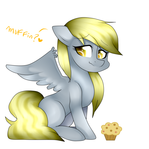 Size: 2500x2500 | Tagged: safe, artist:thecreativerey, derpibooru import, derpy hooves, pegasus, pony, female, floppy ears, food, mare, muffin, simple background, sitting, solo, spread wings, transparent background