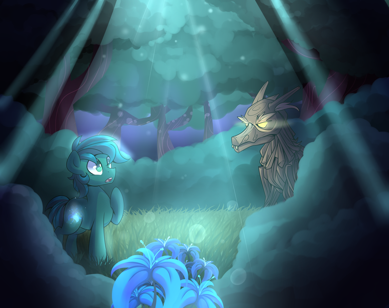 Size: 2400x1900 | Tagged: artist:drawntildawn, crepuscular rays, derpibooru import, everfree forest, forest, oc, oc:poison trail, poison joke, safe, timber wolf, unofficial characters only