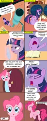 Size: 2550x6600 | Tagged: safe, artist:nuka-kitty, derpibooru import, pinkie pie, twilight sparkle, angry, comic, feather, frustrated, funny, magic, science, telescope