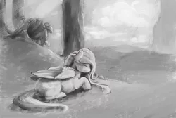 Size: 1787x1200 | Tagged: artist:cuttledreams, atg 2016, derpibooru import, eyes closed, fluttershy, folded wings, forest, grayscale, lying down, monochrome, newbie artist training grounds, prone, safe, solo