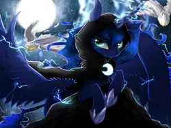 Size: 1600x1200 | Tagged: safe, artist:96paperkuts, derpibooru import, princess luna, owl, cloak, clothes, moon, night