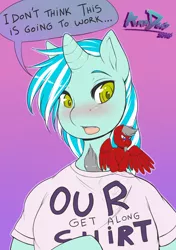 Size: 2248x3200 | Tagged: artist:nikoh, clothes, derpibooru import, get along shirt, macro, micro, oc, oc:cloud weaver, oc:keystone, pouting, safe, sharing, shirt, text, unofficial characters only