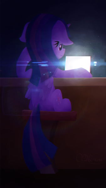 Size: 720x1280 | Tagged: safe, artist:opticspectrum, derpibooru import, twilight sparkle, twilight sparkle (alicorn), alicorn, pony, chromatic aberration, folded wings, lens flare, looking at something, rear view, screen, sitting, solo, table