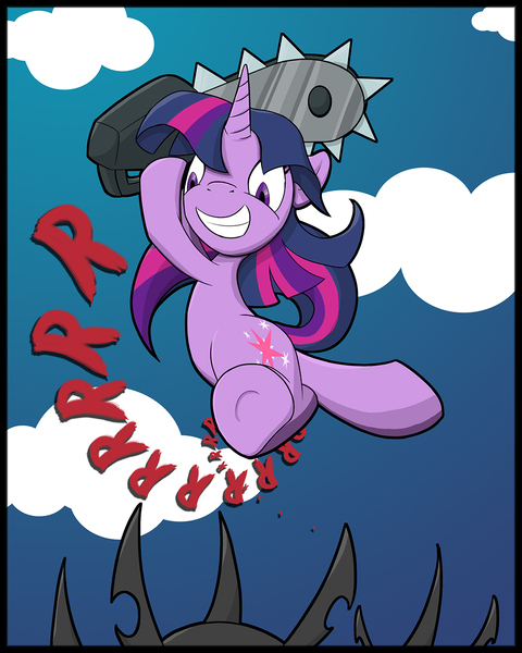 Size: 1000x1250 | Tagged: safe, artist:cyle, derpibooru import, twilight sparkle, changeling, pony, unicorn, fanfic:hard reset, chainsaw, cloud, fanfic art, grin, hard reset, imminent death, jumping, newbie artist training grounds, smiling, this will end in death, underhoof