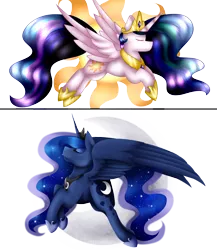 Size: 2428x2795 | Tagged: artist:fernwolfstar, artist:flashbrush, collaboration, cutie mark background, derpibooru import, eyes closed, princess celestia, princess luna, royal sisters, safe