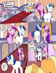 Size: 2625x3375 | Tagged: suggestive, artist:strangerdanger, derpibooru import, applejack, princess cadance, princess celestia, shining armor, alicorn, earth pony, pegasus, pony, unicorn, comic:get a room!, art pack, bedroom eyes, bored, butt, comic, dialogue, dock, excited, explicit source, face down ass up, featureless crotch, female, gala, implied oral, implied sex, lesbian, male, mare, missing cutie mark, out of hoof, plot, preview, promo, shiningcadance, shipping, speech bubble, stallion, straight, wide eyes