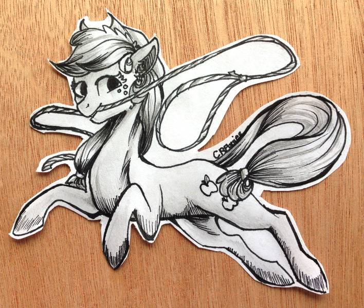 Size: 900x763 | Tagged: applejack, artist:crponies, derpibooru import, grayscale, lasso, monochrome, mouth hold, newbie artist training grounds, rope, safe, solo, traditional art