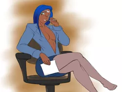 Size: 1141x858 | Tagged: abs, artist:eve-ashgrove, belly button, blouse, breasts, businessmare, business suit, busty princess luna, chair, circlet, cleavage, clothes, crossed legs, dark skin, derpibooru import, female, glasses, grin, human, humanized, legs, lidded eyes, looking at you, midriff, missing shoes, pantyhose, pen, princess luna, skirt, smiling, solo, solo female, suggestive