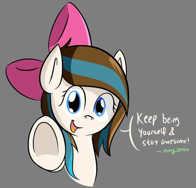 Size: 2645x2540 | Tagged: safe, artist:mintysketch, derpibooru import, oc, oc:breezy, unofficial characters only, earth pony, pony, bow, bust, cute, female, gray background, hair bow, hooves, looking at you, mare, motivational, open mouth, positive ponies, simple background, smiling, underhoof