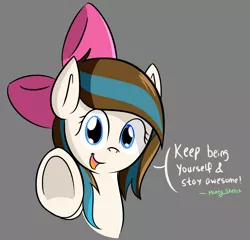 Size: 2645x2540 | Tagged: safe, artist:mintysketch, derpibooru import, oc, oc:breezy, unofficial characters only, earth pony, pony, bow, bust, cute, female, gray background, hair bow, hooves, looking at you, mare, motivational, open mouth, positive ponies, simple background, smiling, underhoof