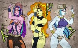 Size: 1700x1040 | Tagged: suggestive, artist:skycatcherequestria, derpibooru import, adagio dazzle, aria blaze, sonata dusk, equestria girls, battle tendency, bikini, breasts, busty adagio dazzle, busty aria blaze, busty sonata dusk, clothes, crossover, esidisi, female, jojo pose, jojo's bizarre adventure, kars, letter, loincloth, pillar men, swimsuit, the dazzlings, wamuu