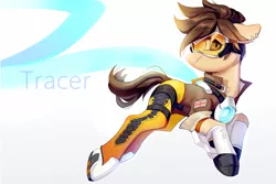 Size: 1500x1000 | Tagged: safe, artist:rocy canvas, derpibooru import, ponified, crossover, goggles, overwatch, solo, tracer